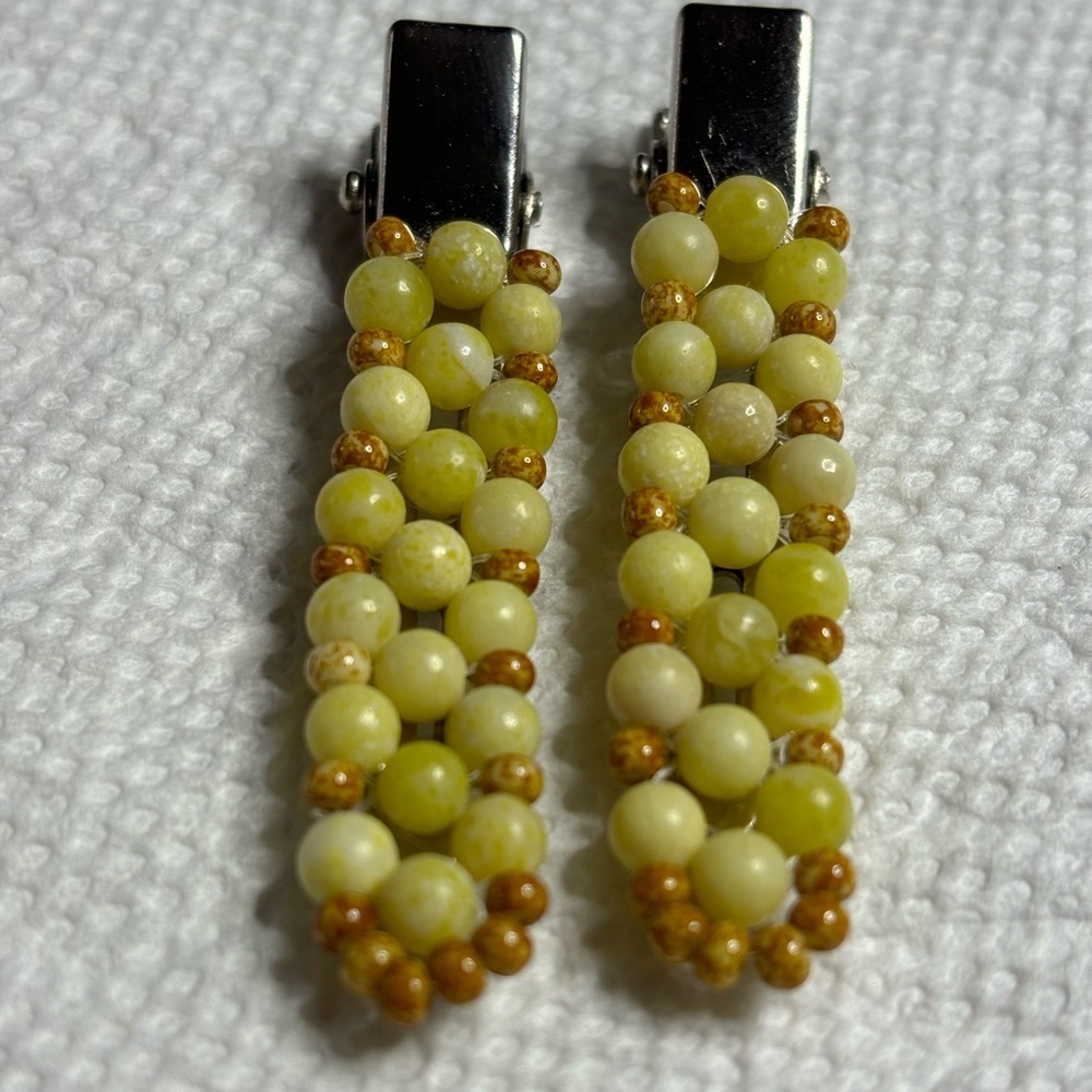 Handmade genuine yellow jade beaded hair clips set individually wrapped 2 inches